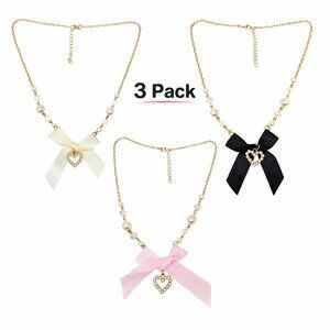 Pack of 3 Bow Heart Necklaces – Elegant and Sweet NWT Pink Ivory Black